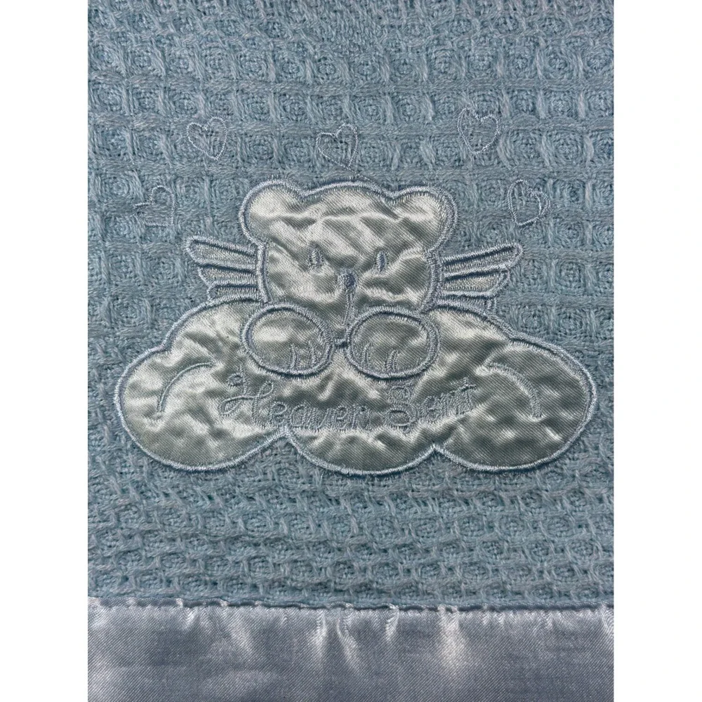 Kidgets Baby Blanket Blue Waffle Knit Heaven Sent Bear Satin Trim 30x30 NEW